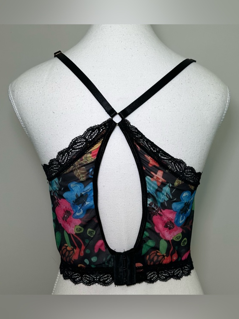 GORGLITTER‎ Black Multicolor Floral Mesh Lace Corset Bralette Bustier Plus Size - Picture 2 of 8